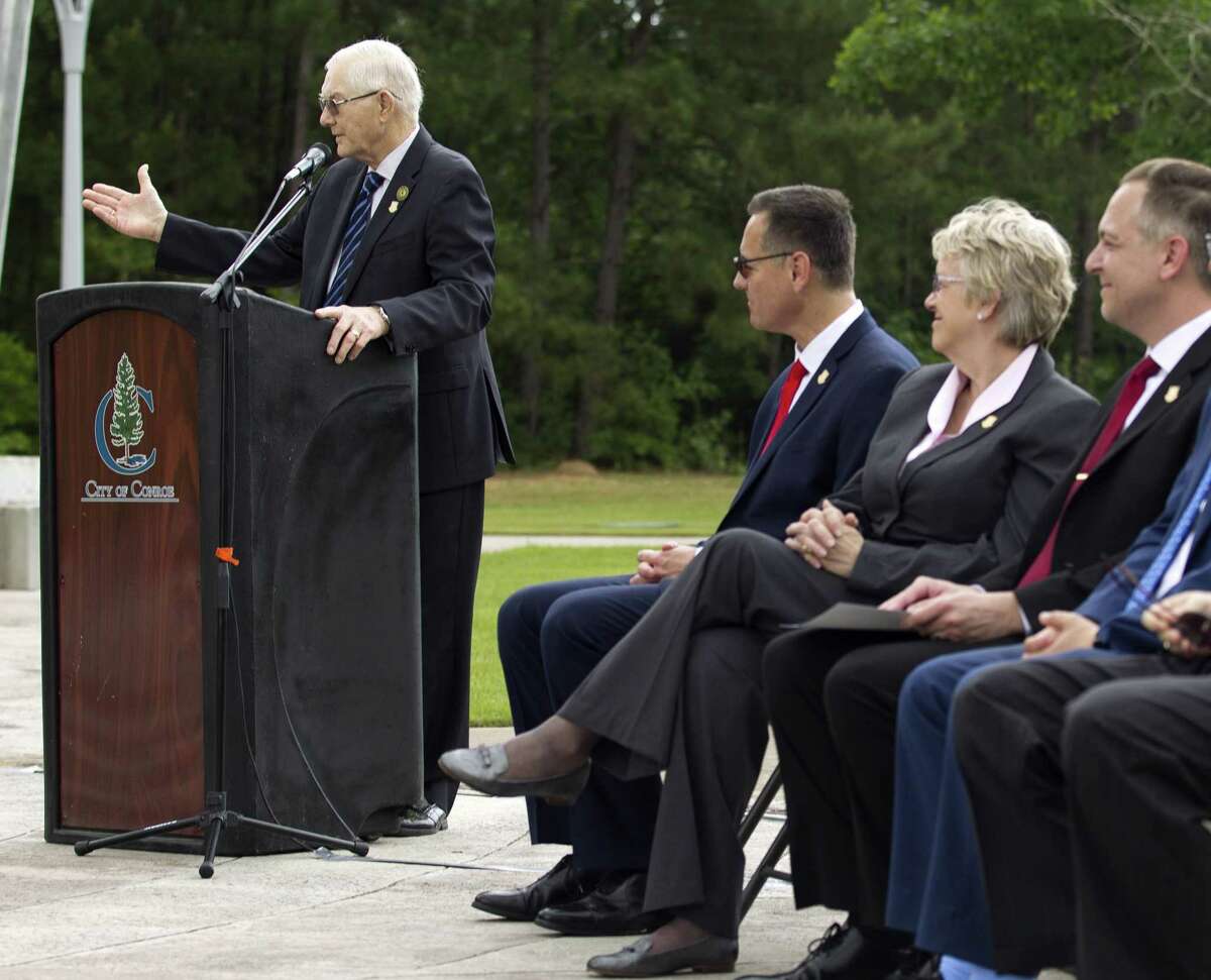 Conroe Mayor Toby Powell speaks during a press conference announcing future expansion plans for a satellite campus of University of St. Thomas in the 220-plus acre Deison Technology Park, Monday, April 29, 2019, in Conroe. The purposed Conroe location would be the third site for the Houston-based Catholic university, which has its main campus in the Montrose area and another campus for its St. Mary’s Seminary, which houses the university’s school of theology.