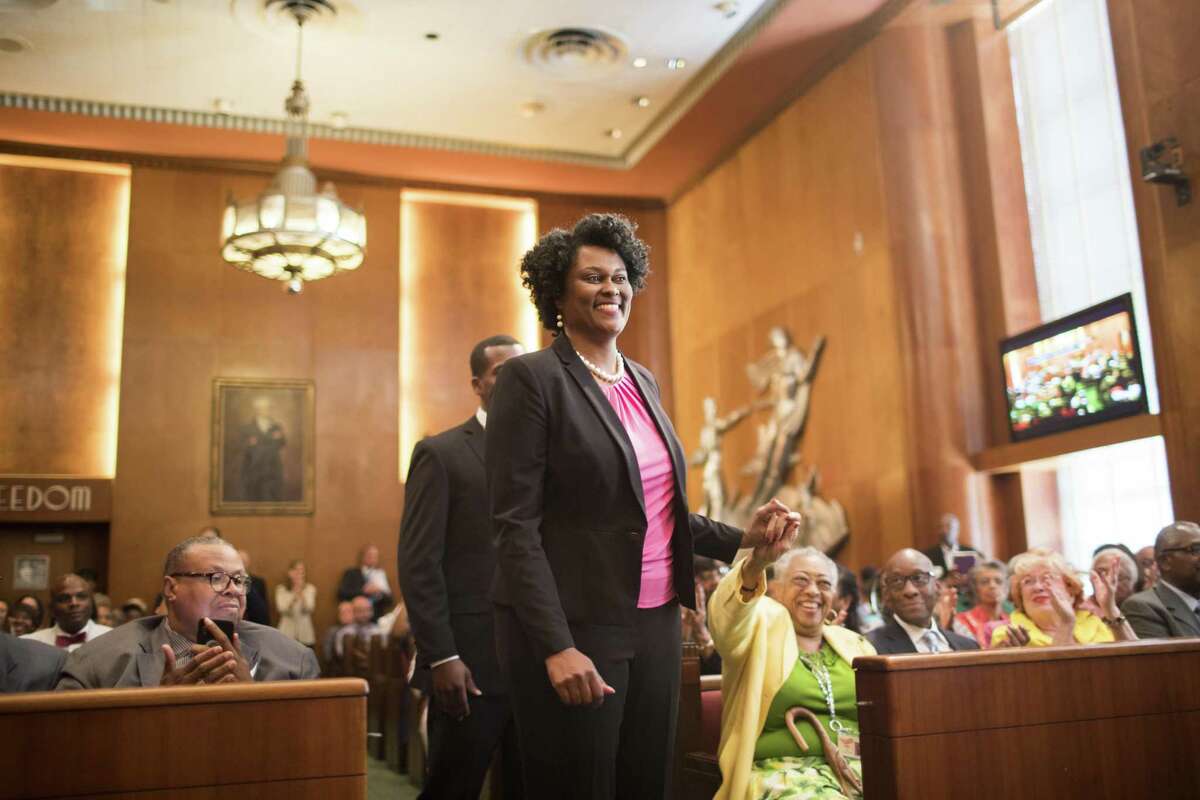Martha Castex-Tatum walks up front to be sworn in as District K Council Member, Wednesday, May 16, 2018, in Houston. ( Marie D. De Jesus / Houston Chronicle )