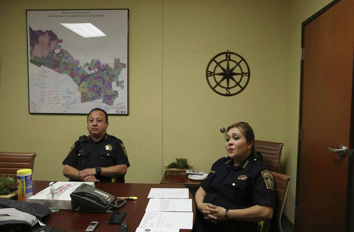 Interview with Precinct 2 Constable Michelle Barrientes Vela (right) and her Constable Chief Anthony Castillo on Tuesday, Apr. 30, 2019 to address several issues and controversies surrounding Vela and her office. (Kin Man Hui/San Antonio Express-News)