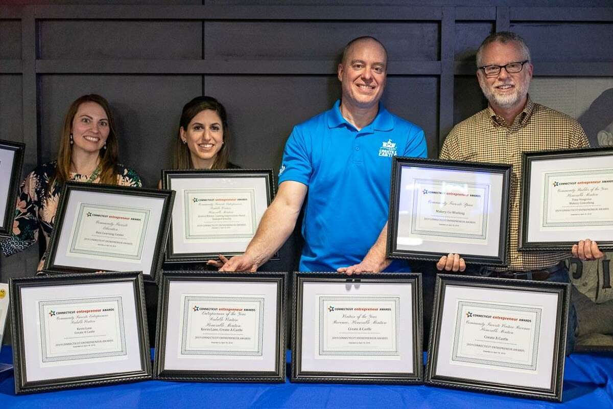 Several businesses were recently presented awards at the 2019 CT Entrepreneur Awards event in Hartford. Among the winners were, from left to right, Jessica Reis of Reis Learning Center, Jessica Bittner of Lasting Impressions Hand Stamped Jewelry, Kevin Lane of Create A Castle and Tony Vengrove of Makery Coworking.
