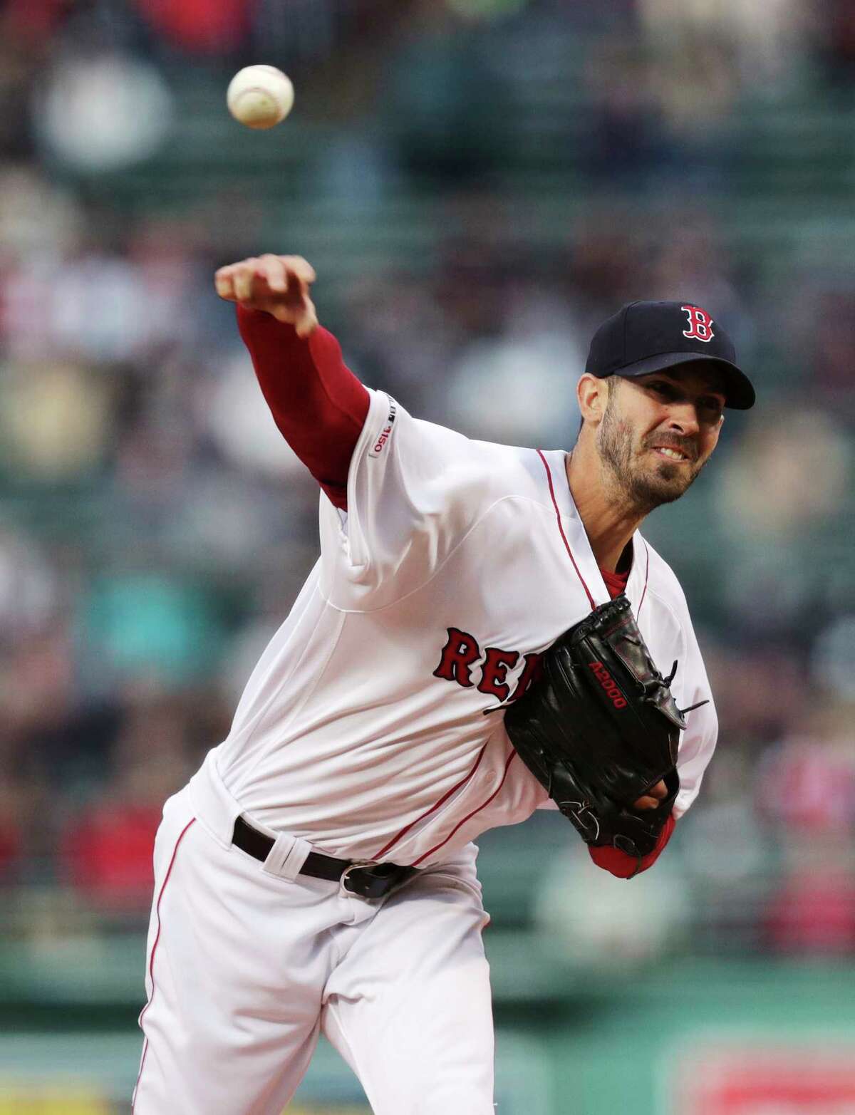 Boston Red Sox starting pitcher Rick Porcello delivers during the first inning of a baseball game against the Oakland Athletics at Fenway Park, Tuesday, April 30, 2019, in Boston. (AP Photo/Charles Krupa)