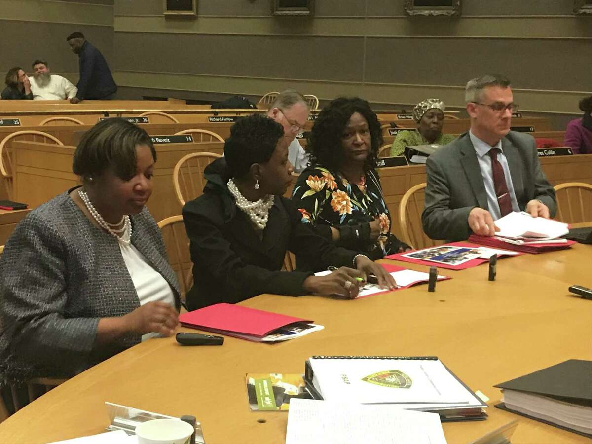 Board of Education officials, from left, Assistant Superintendent Keisha Hannans; Superintendent of Schools Carol Birks; Business Director Linda Hannans; and COO Mike Pinto, at an April 30, 2019, budget hearing.
