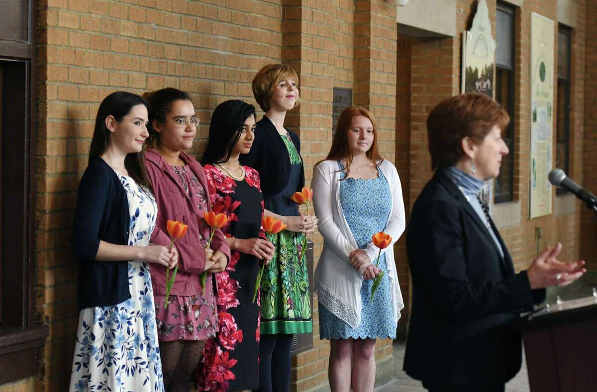 Mayor Kathy Sheehan introduces the five finalists for the 2019 Albany Tulip Queen on Wednesday, May 1, 2019 at the Washington Park Lakehouse in Albany, NY. The finalists from left to right are Emily Barcia-Varno, 22, of Glenmont; Isabella Burnett, 19, of Albany; Parneet Kaur, 19, of Green Island; Megan Morrill, 23, of Latham; and Michaela Schramm, 18, of Loudonville. (Phoebe Sheehan/Times Union)