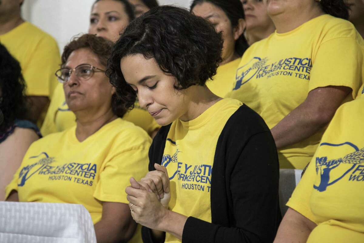 Marianela Acuña Arreaza, executive director of Fe Y Justicia, pauses as she talks about labor violations their members experienced across Houston in 2018 at the Worker Center on Wednesday, May 1, 2019, in Houston.