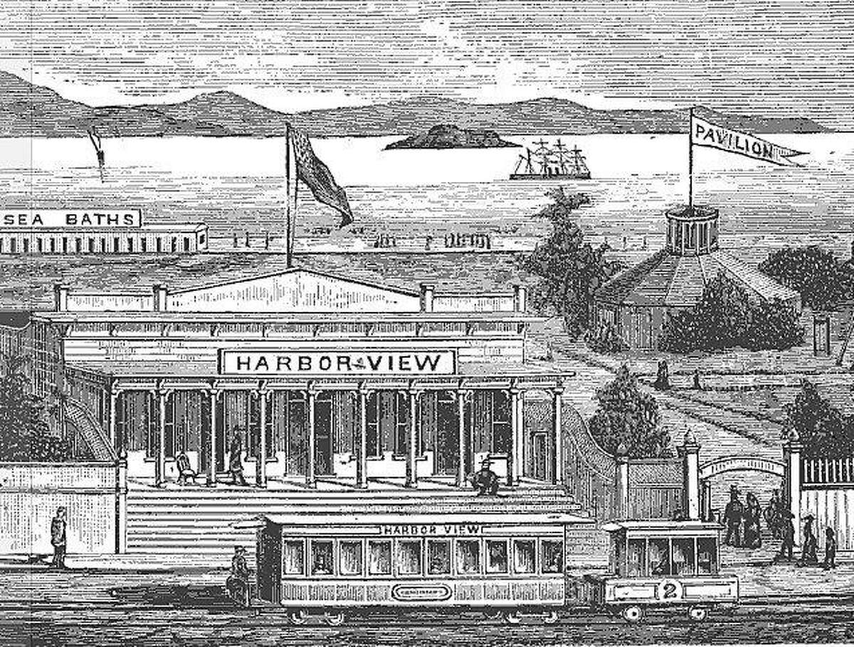 An illustration of the Harbor View resort on San Francisco's Strawberry Island, taken from the 1884 book "Health Seekers, Tourists and Sportsmen's Guide to the Seashore."