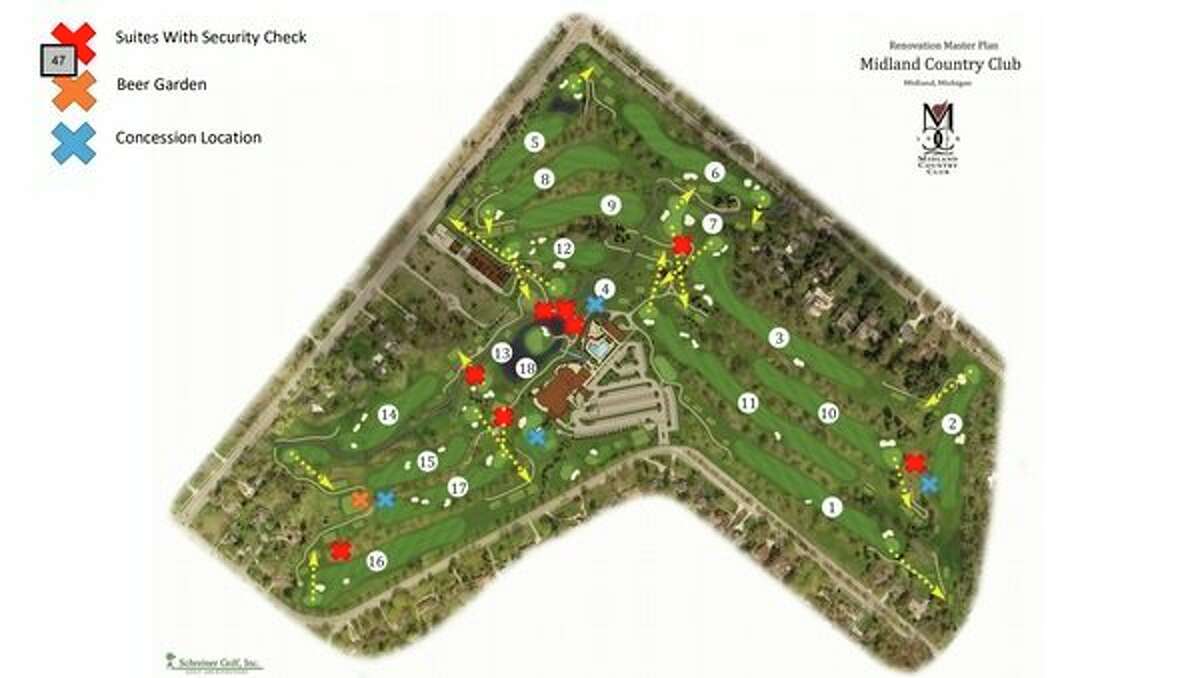 A map, included in a Midland City Council agenda packet, shows the location of beer gardens and concessions on the Midland Country Club golf course for the 2019 Eat Great event during the Dow Great Lakes Bay Invitational. 