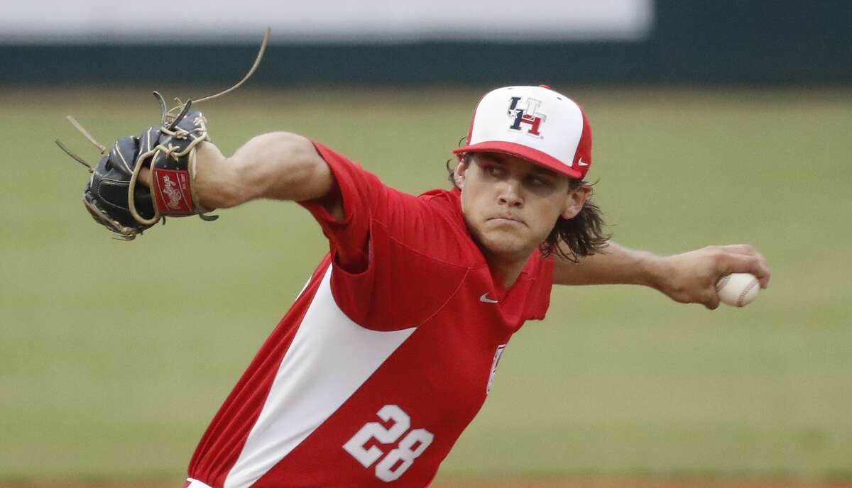 University of Houston Brayson Hurdsman (28) pitches in the first inning of an NCAA basball game at Reckling Park, Wednesday, May 1, 2019, in Houston .