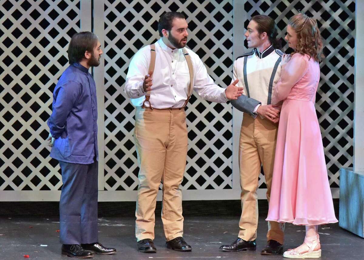 “Much Ado About Nothing” is onstage at Western Connecticut State University in Danbury. Rehearsing from left are Dante Cyr, of Waterbury; John Mudgett, of Danbury; Zachary Brown, of Jewett City; and Emma Giorgio, of Ridgefield.