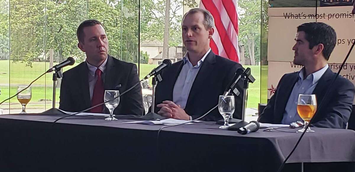 From left to right: Humble City Manager Jason Stuebe, McCord Development Sales and Leasing Director John Flournoy and McAlpine Interests Broker Adam McAlpine speak at the State of the Lake Houston luncheon on April 30, 2019.