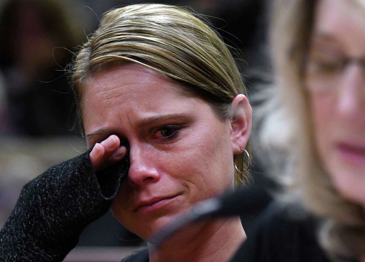 Kim Steenburg wipes away tears during the State Standing Committee on Transportation hearing on "Limo and Bus Safety" on Thursday, May 2, 2019 at the Legislative Office Building in Albany, NY. Kim Steenburg lost her husband, Rich Steenburg, in the Schoharie Oct. 6 limo crash. (Phoebe Sheehan/Times Union)