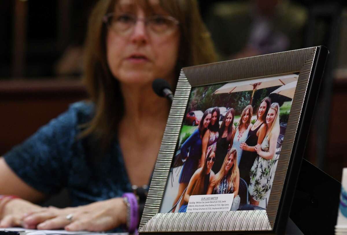 A picture is displayed of the eight women who were in the Cutchogue crash during the State Standing Committee on Transportation hearing on "Limo and Bus Safety" on Thursday, May 2, 2019 at the Legislative Office Building in Albany, NY. (Phoebe Sheehan/Times Union)