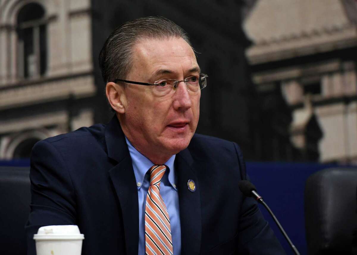 Senator James F. Gaughran, pictured at a May 2019 committee meeting, is pushing a new bill that would create a fund to help child sex abuse survivors file civil claims. (Phoebe Sheehan/Times Union)
