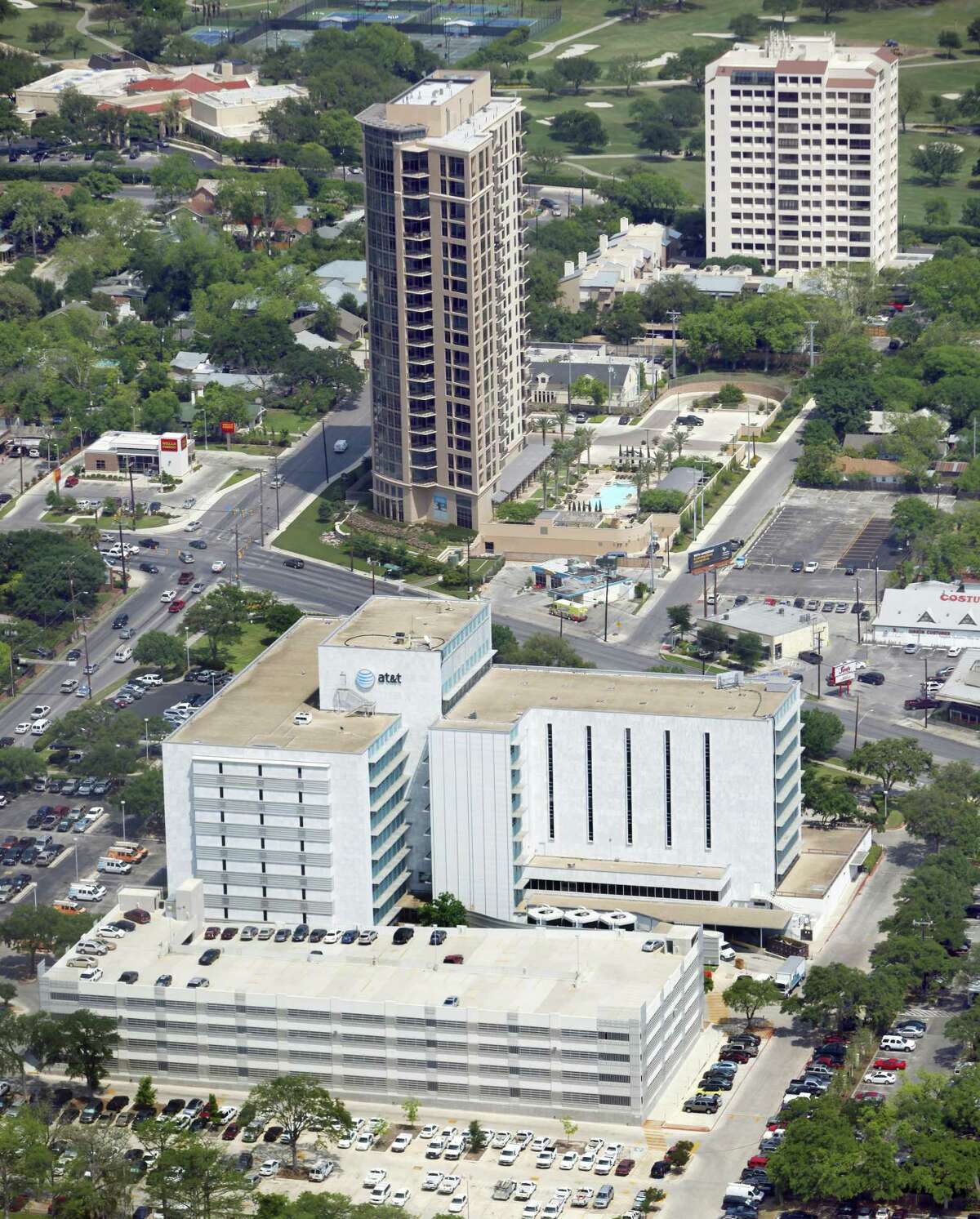 A regional office building, foreground, for AT&T is seen in this April 10, 2012 aerial photo. The Broadway Building building that was built at the site of the original Earl Abel's restaurant is seen behind that. The last building in the background is the Four Thousand One Condos building at 4001 N. New Braunfels. The AT&T building was originally built for USAA as the company's second headquarters. (William Luther/wluther@express-news.net