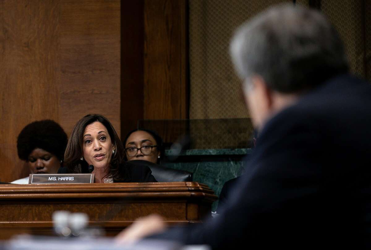 Sen. Kamala Harris (D-Calif.) questions Attorney General William Barr during his testimony before the Senate Judiciary Committee, on Capitol Hill in Washington, May 1, 2019. Twice in the last week, President Donald Trump has used “nasty” to describe Harris — most recently after she grilled Attorney General William P. Barr on Wednesday. (Erin Schaff/The New York Times)