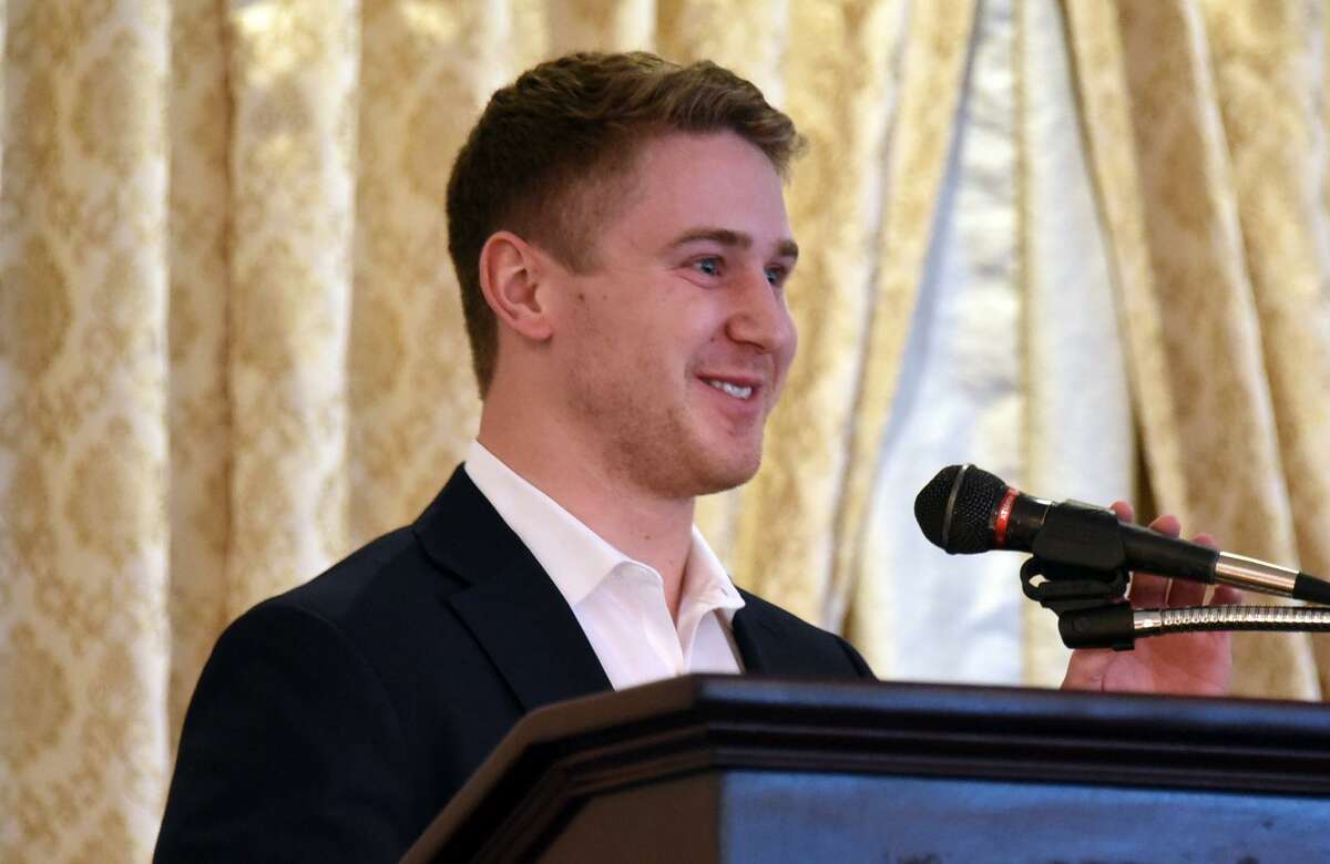 New Canaan’s Harry Stanton at the podium during the Connecticut Sports Writers’ Alliance’s 78th Gold Key Dinner at the Aqua Turf Club in Southington on Sunday. Stanton was named the Alliance’s Male Athlete of the Year after helping the Wesleyan men’s lacrosse team win the 2018 national championship.