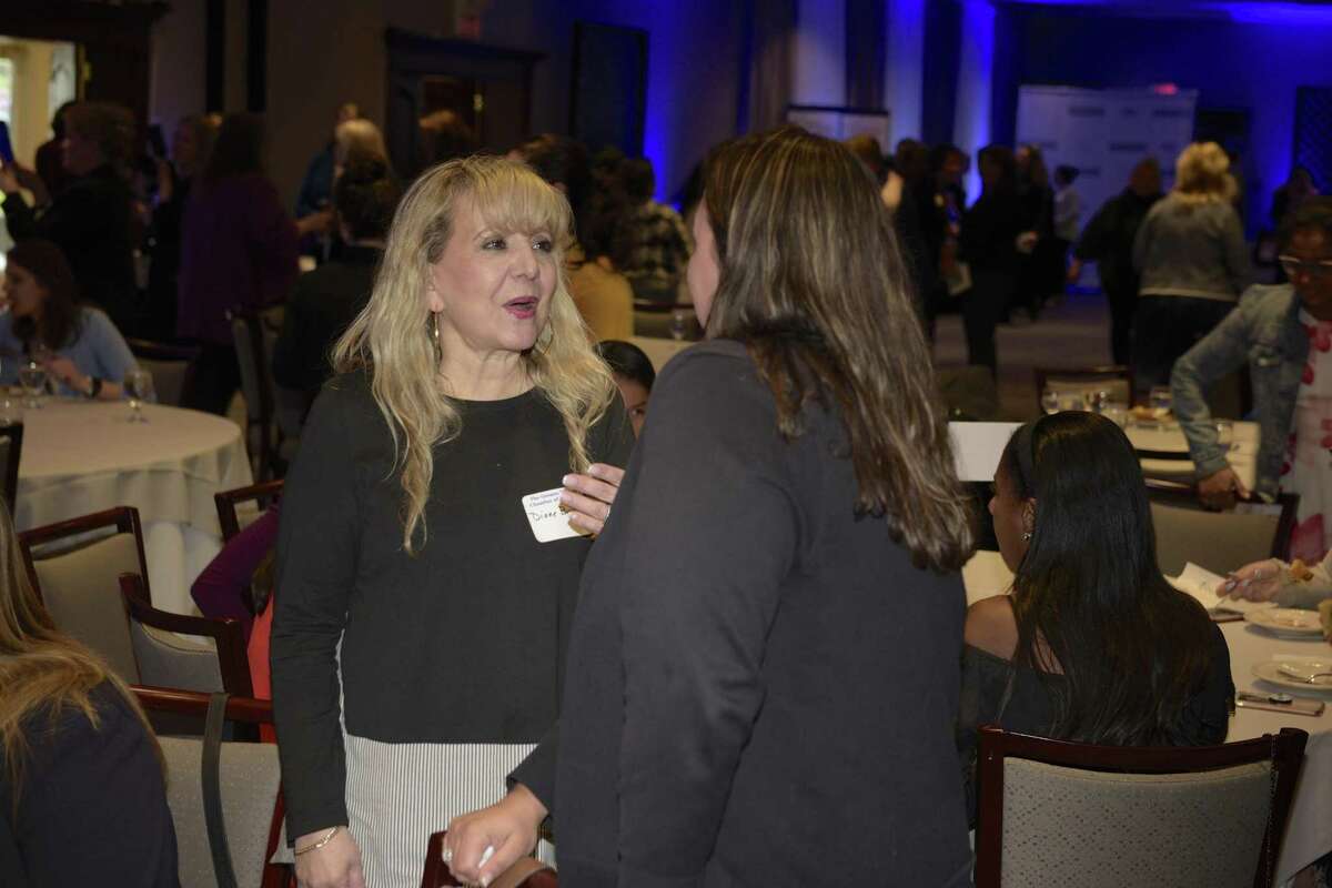 Diane Buchanan, left, of Sign Shop of Brookfield, and Annett DeMague, of High Performance Energy Solutions, LLC, during the reception for Conversations with Extraordinary Women, sponsored by the Woman's Business Council. Wednesday, May 1, 2019, in The Amber Room, Danbury, Conn.