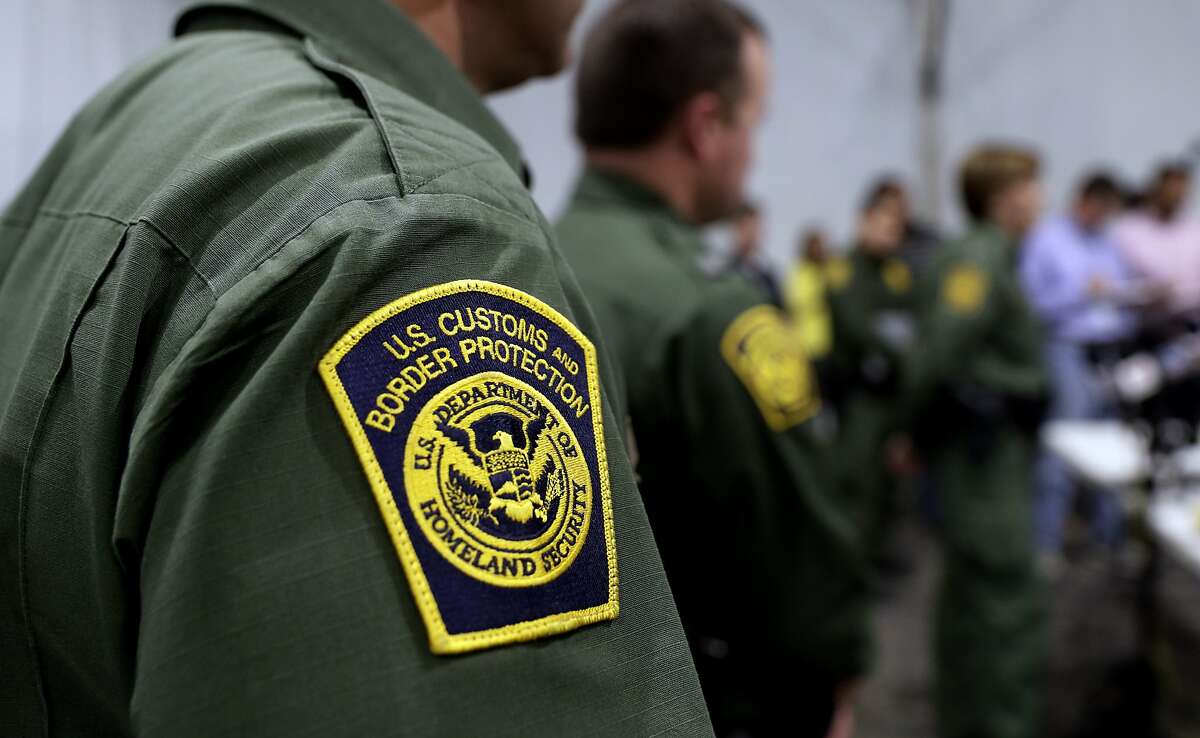 Border Patrol agents hold a news conference prior to a media tour of a new U.S. Customs and Border Protection temporary facility near the Donna International Bridge, Thursday, May 2, 2019, in Donna, Texas. Officials say the site will primarily be used as a temporary site for processing and care of unaccompanied migrant children and families and will increase the Border Patrol's capacity to process migrant families. (AP Photo/Eric Gay)