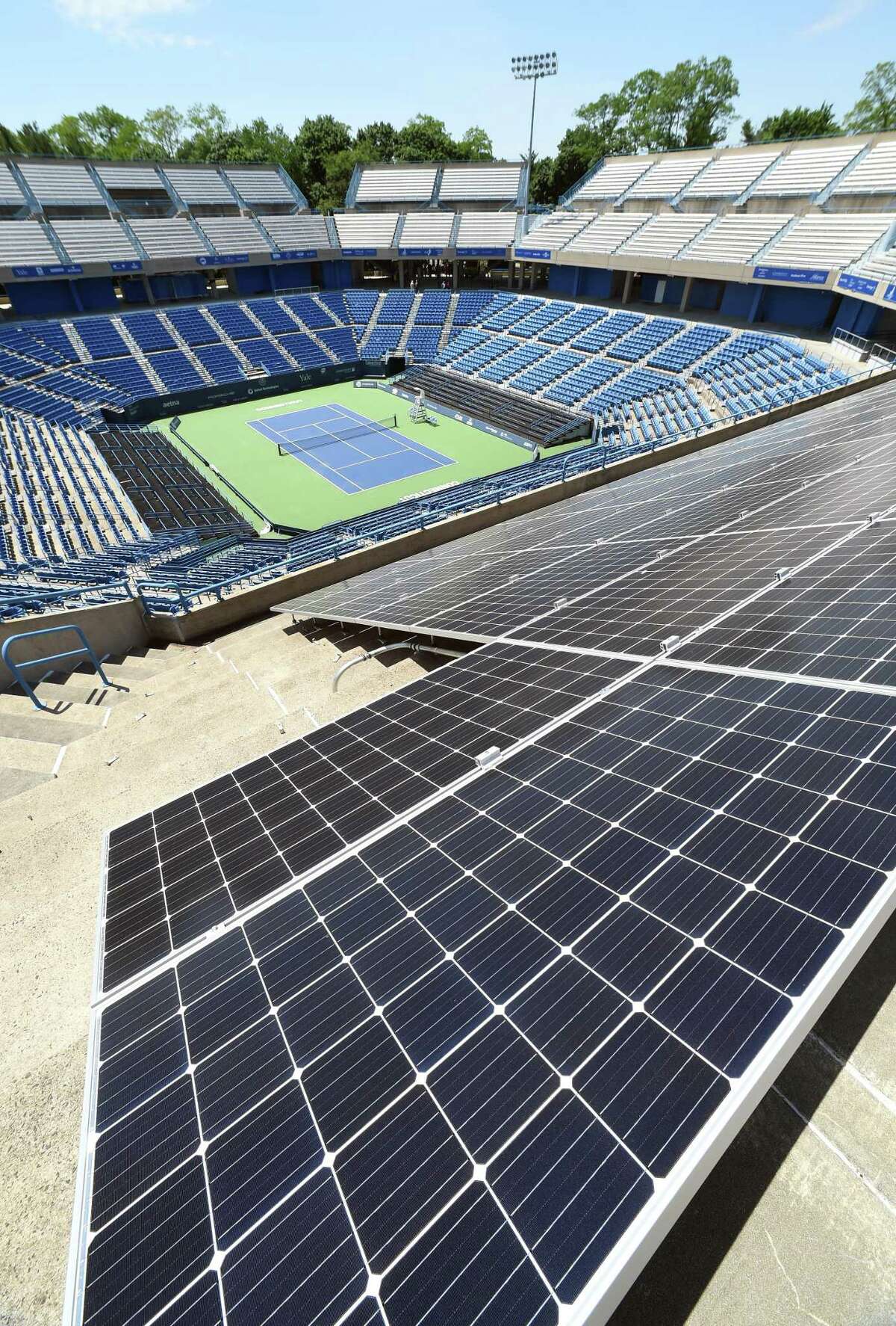 Solar panels installed on the south tier of Stadium Court at the Connecticut Tennis Center in New Haven have been funded by Star Power Energy of Branford and will be gifted to the Connecticut Tennis Center after 20 years.