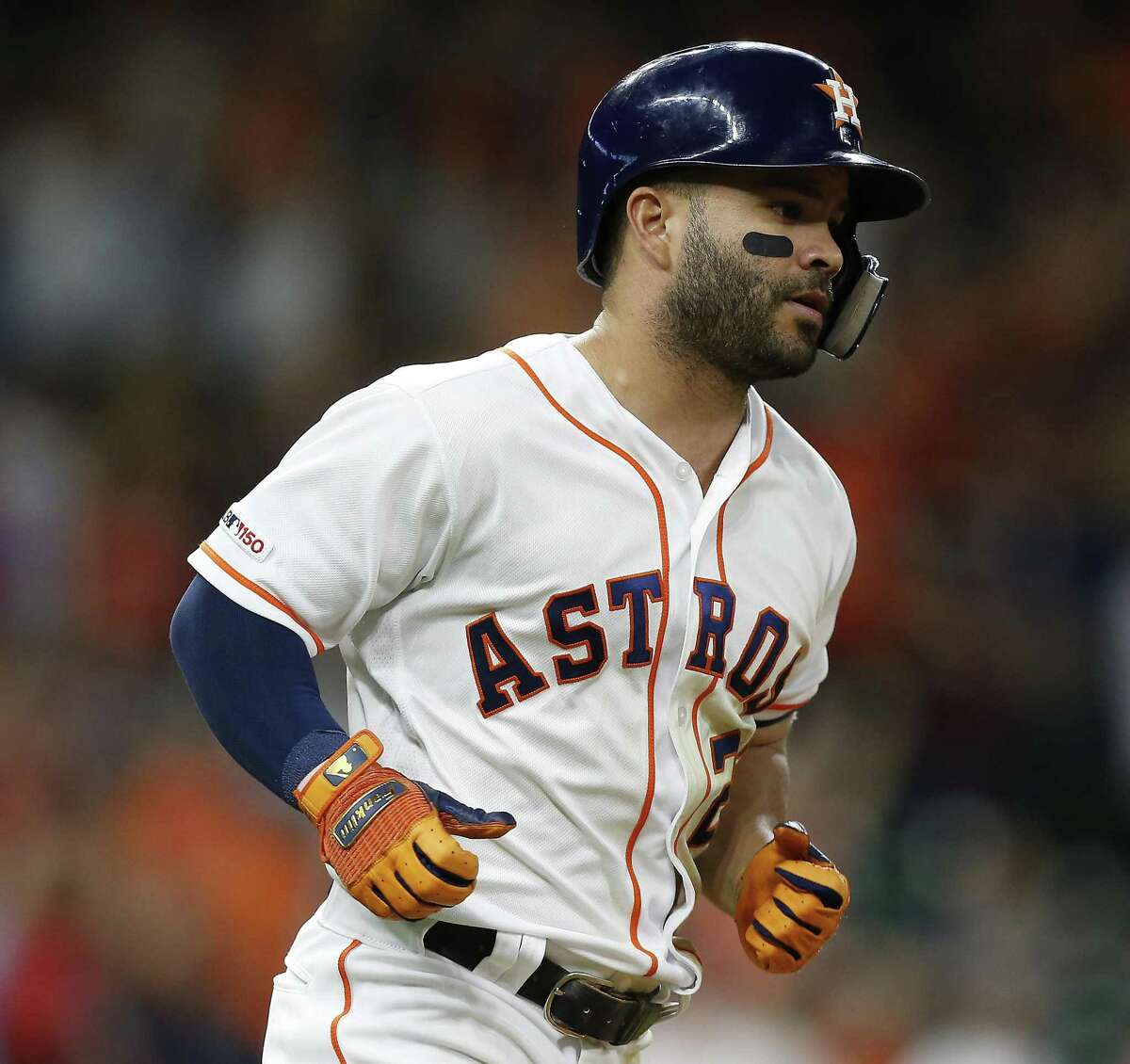 HOUSTON, TEXAS - APRIL 23: Jose Altuve #27 of the Houston Astros hits a three run home run in the eighth inning against the Minnesota Twins at Minute Maid Park on April 23, 2019 in Houston, Texas. (Photo by Bob Levey/Getty Images)
