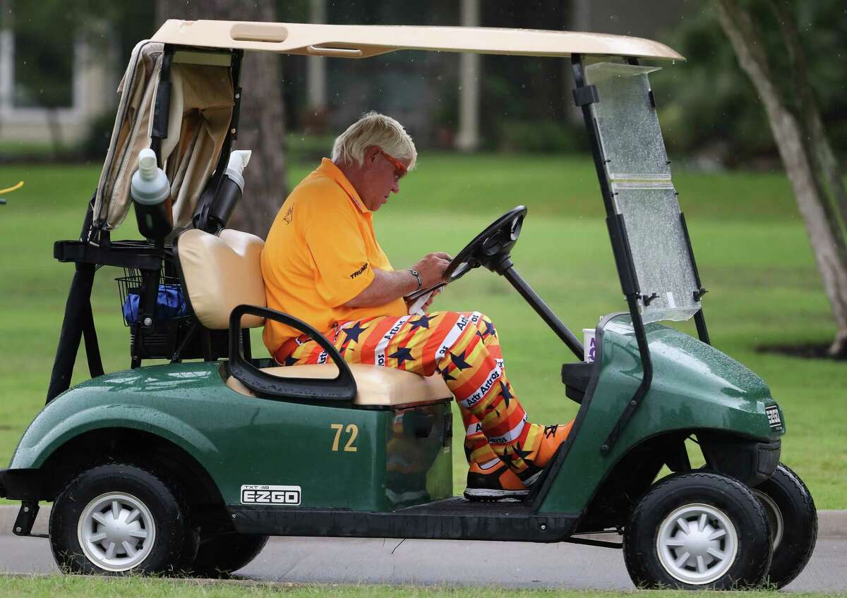 THE WOODLANDS, TX - MAY 03: John Daly looks at his scorecard on the second hole during round one of the Insperity Invitational at The Woodlands Country Club on May 03, 2019 in The Woodlands, Texas.