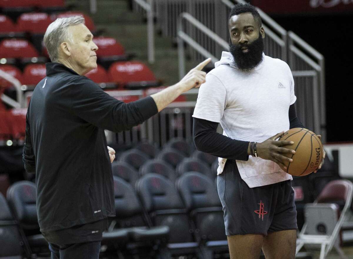 Houston Rockets head coach Mike D'Antoni, left, works with guard James Harden during Rockets practice at Toyota Center on Friday, May 3, 2019, in Houston. The Rockets, down 0-2 in the NBA Western Conference semifinals, play the Golden State Warriors in Game 3 on Saturday.
