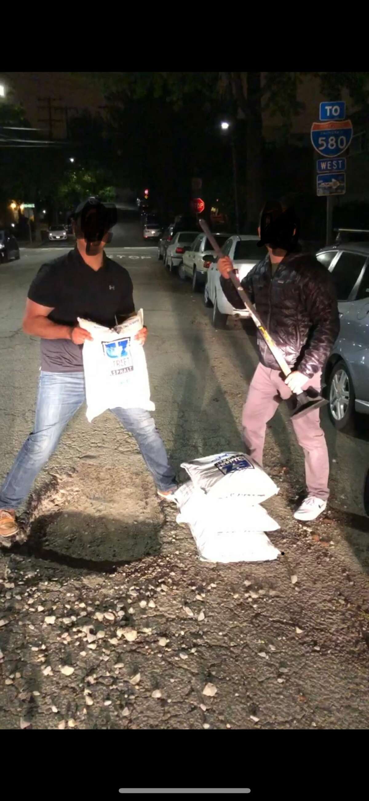 The "Pothole Vigilantes" shared photos of potholes they've patched up in Oakland in recent weeks. They edited this photo before sharing to obscure identities.