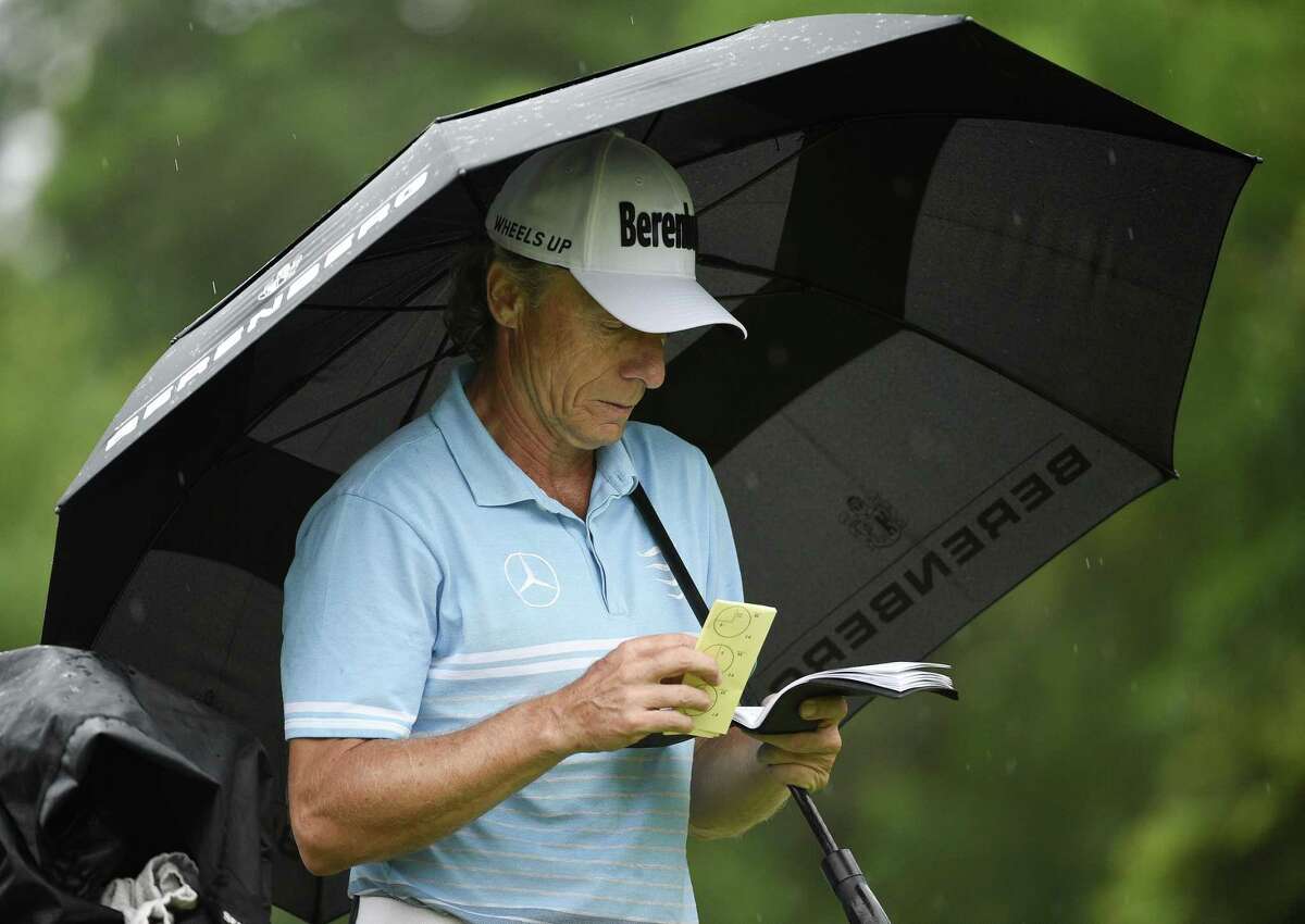 Bernhard Langer checks his notes on the #10 tee during the first round of the Insperity Invitational golf tournament, Friday, May 3, 2019, in The Woodlands, TX.