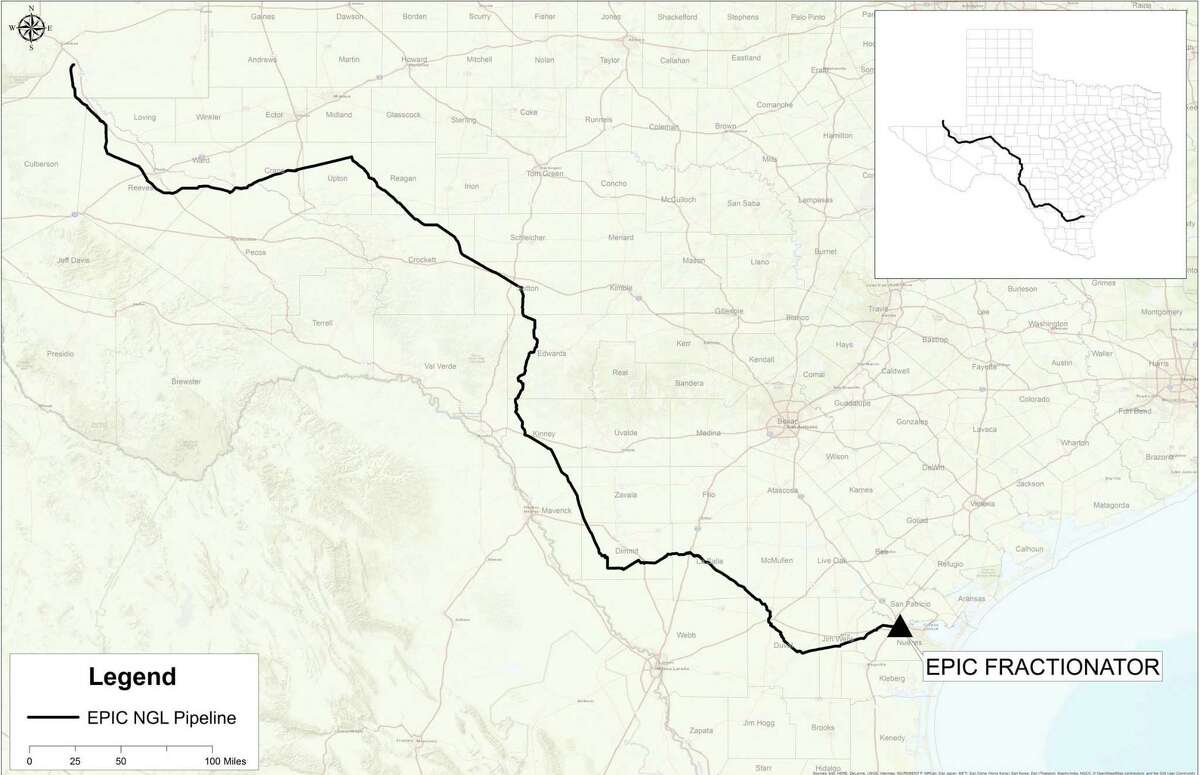 The route of the EPIC NGL pipeline, which will extend from the Permian Basin in southeast New Mexico and West Texas to Corpus Christi.