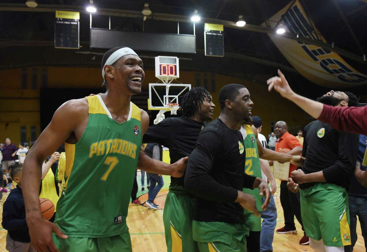 The Albany Patroons celebrate winning the championship game against the Yakima SunKings on Friday, May 3, 2019 at the Washington Avenue Armory in Albany, NY. (Phoebe Sheehan/Times Union)