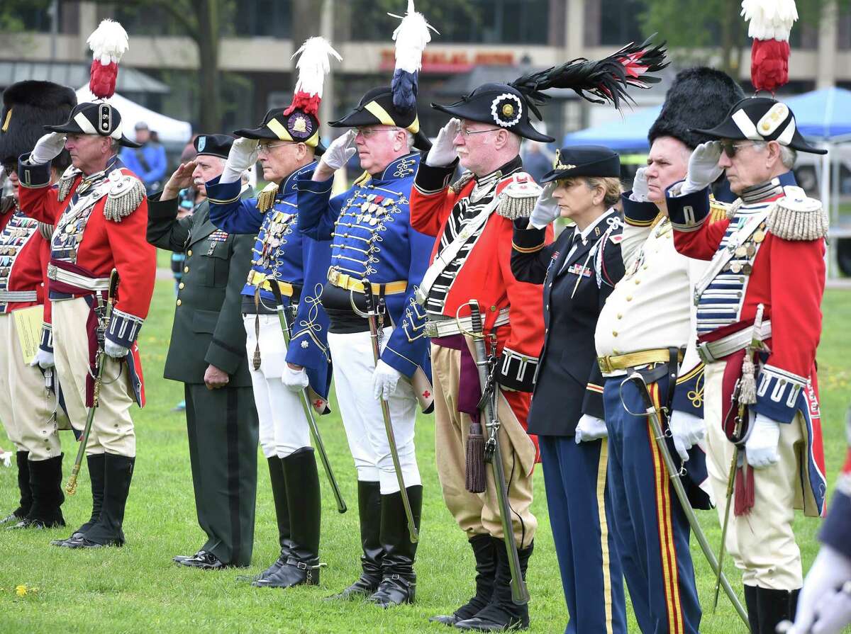 A Battalion Review takes place during a ceremony to commemorate the 244th anniversary of Powder House Day on the New Haven Green on May 4, 2019. The day commemorates local events following news of the battles of Lexington and Concord in the Revolutionary War.