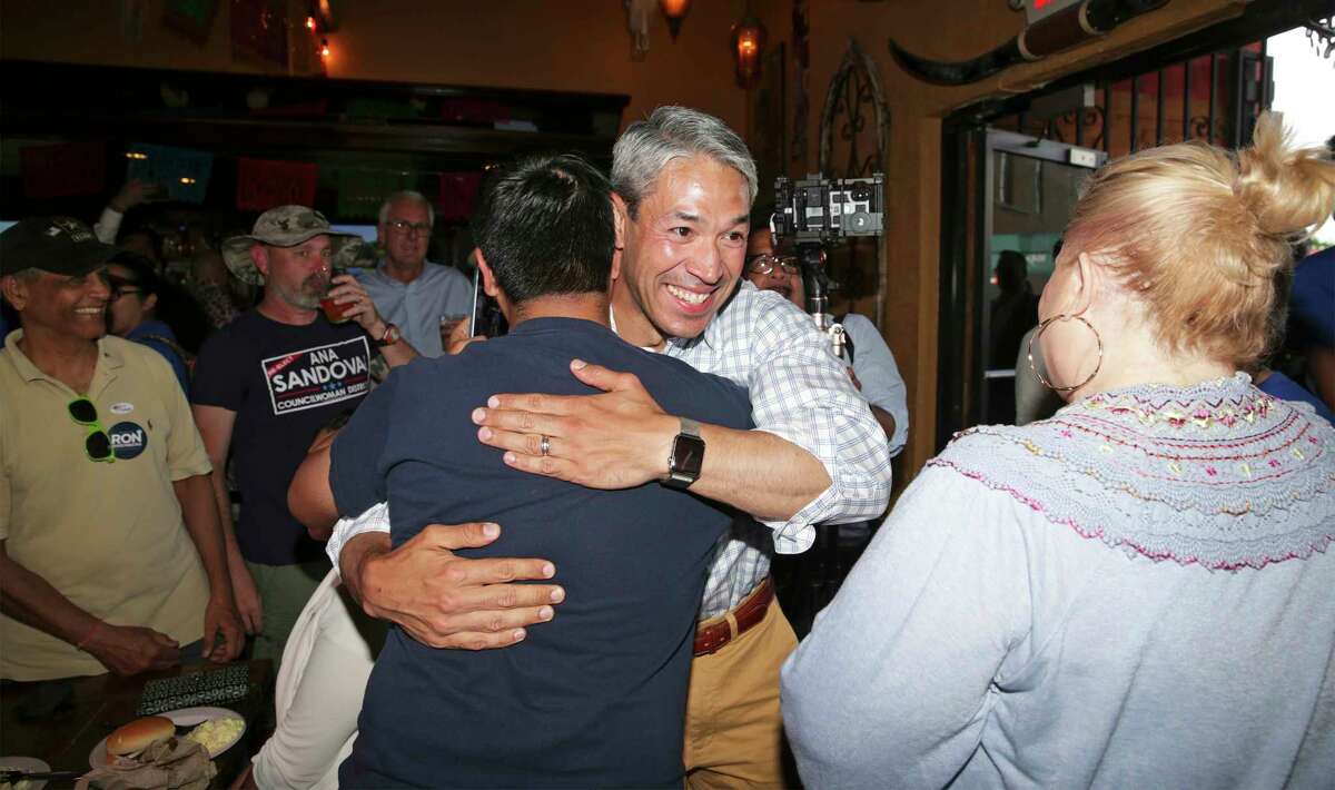 The candidate is greeted by supporters at an election night watch party for Mayor Ron Nirenberg at Augie's Barbecue on May 4, 2019.