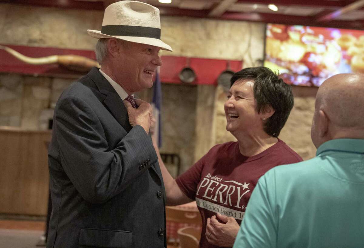 Incumbent Councilman Clayton Perry of District 10 is greeted by supporters at his election party in San Antonio on May 4, 2019. He won re-election.