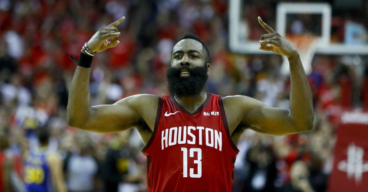 Houston Rockets guard James Harden (13) celebrates during overtime of Game 3 of a NBA Western Conference semifinal playoff game at Toyota Center, in Houston , Saturday, May 4, 2019.