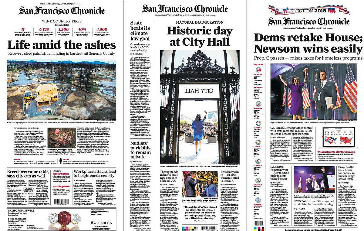 Among 15 first-place awards won by the San Francisco Chronicle in the 2018 California News Publishers Association contest was one for front-page design. The three-page winning entry is shown on Sunday, May 5, 2019 in San Francisco, Calif.