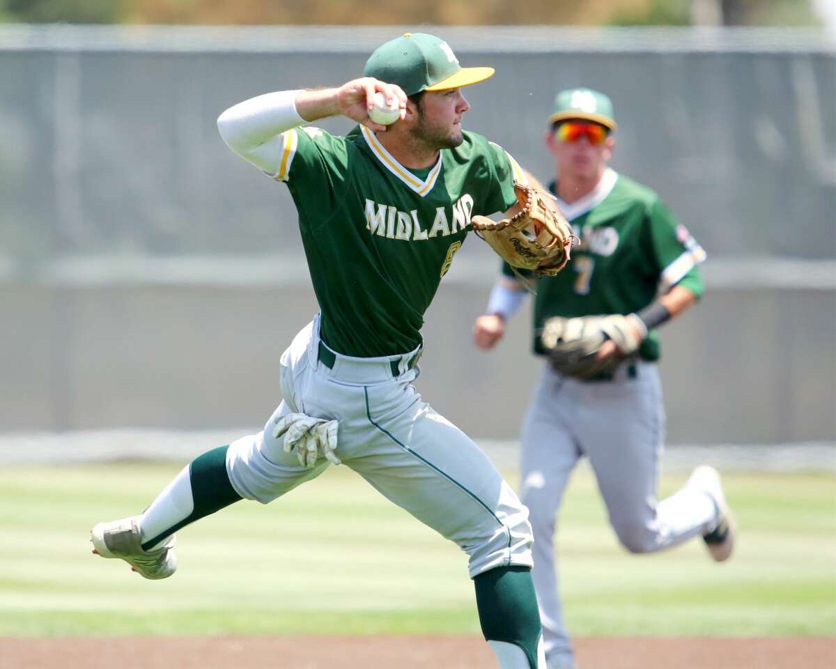 Midland College shortstop, Mason Weathers looks to turn a double play against Frank Phillips College on Sunday.