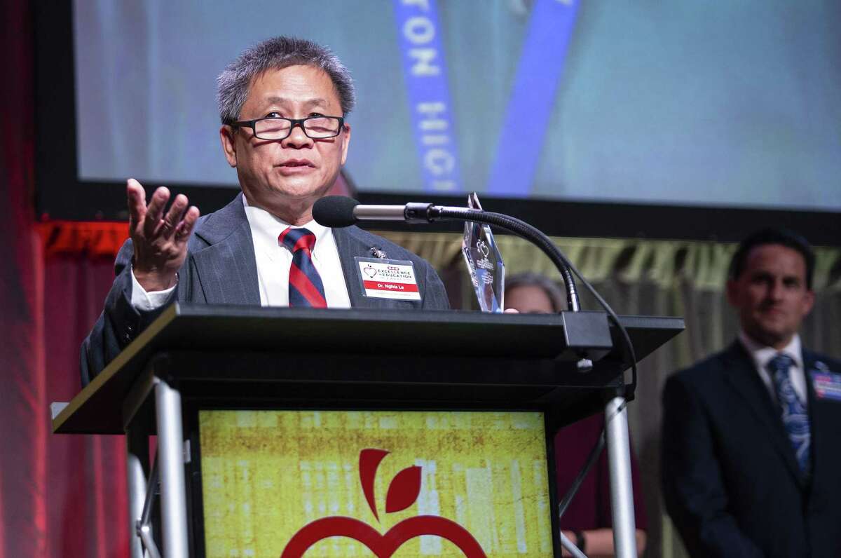 Dr. Nghia Le of The Booker T. Washington High School and The High School for Engineering Professions receives the Leadership Secondary Award during the HEB Excellence in Education Awards on May 5, 2019 in Austin, Texas.
