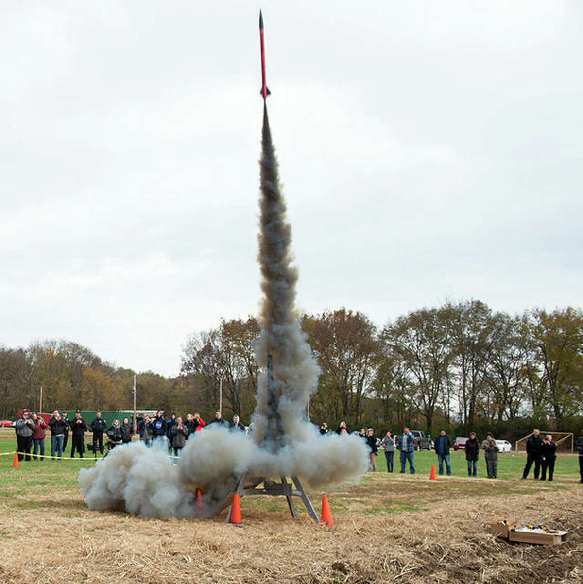 A 63-inch high-powered rocket launches on Nov. 9, 2018 on SIUE’s campus near Korte Stadium. The successful launch was the first for Cougar Rockets, a new student organization dedicated to designing, building and flying rockets.