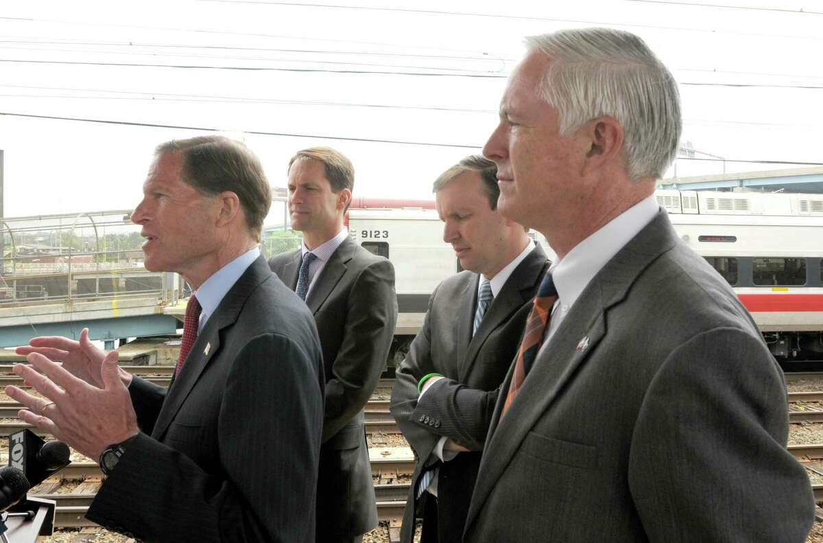 Left to right: U.S. Senator Richard Blumenthal (D-Conn.), Congressman Jim Himes (D-4), Senator Chris Murphy (D-Conn.), and Bridgeport Mayor Bill Finch hold a press conference at the Bridgeport Train Station in Bridgeport Conn. Wednesday May, 29, 2013 to advocate for federal investment in rail safety and reliability. Photo by Peter Hvizdak