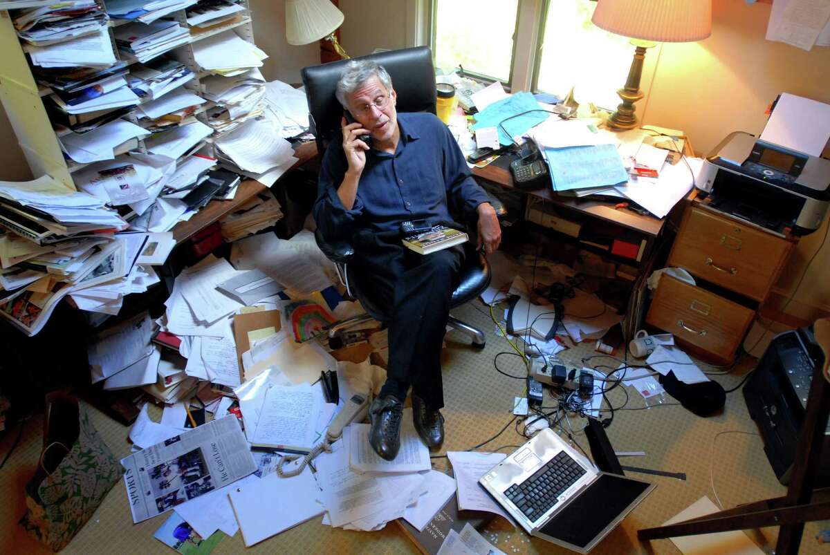 Author Lary Bloom is photographed in his office at home in Chester.