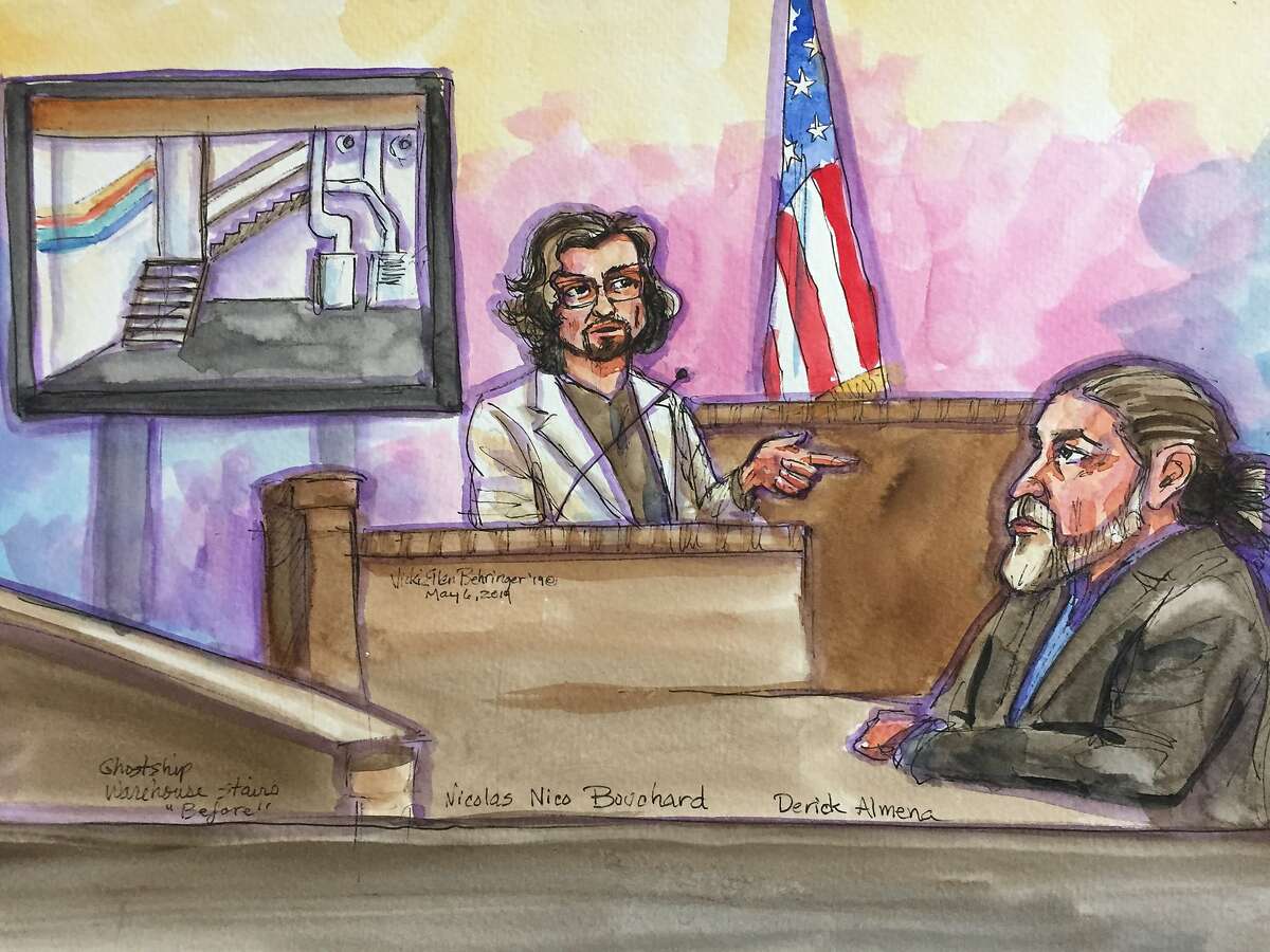 Derrick Almena, right, in this courtroom artist's sketch, listens to testimony by Nicholas Bouchard during the Ghost Ship trial for Alemena and co-defendant Max Harris on Monday, May 6, 2019, in Oakland, Calif.Derrick Almena, depicted at center in this courtroom artist's sketch, listens to the opening statement by Alameda County assistant district attorney Casey Bates, as the "Ghost Ship" trial for Alemena and co-defendant Max Harris began on Tuesday, April 30, 2019, in Oakland, Calif.