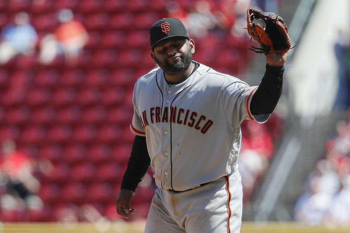 San Francisco Giants relief pitcher Pablo Sandoval reacts after hitting Cincinnati Reds' Jose Peraza with a pitch in the eighth inning of a baseball game, Monday, May 6, 2019, in Cincinnati. (AP Photo/John Minchillo)