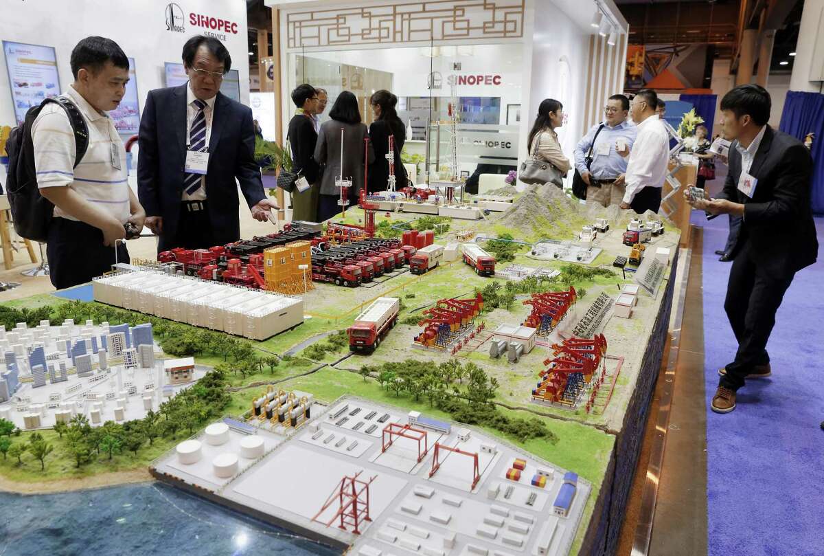 A model of a drilling site on display at the Sinopec booth during the first day of the Offshore Technology Conference at the NRG Center Monday, May. 6, 2019 in Houston, TX.