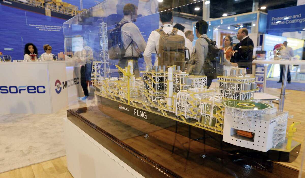A model of an oil and gas ship on display at the SOFEC booth during the first day of the Offshore Technology Conference at the NRG Center Monday, May. 6, 2019 in Houston, TX.