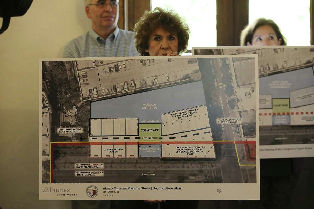 One of several rendering presented as officials with the San Antonio Conservation Society unveil a “compromise plan” for Alamo Plaza that would preserve two of three historic state-owned buildings on the west end of the plaza as part of a new museum during a press conference on Tuesday, May 7, 2019. One of the biggest controversies tied to a public-private project to overhaul the plaza, at a cost of up to $450 million, has been potential partial demolition of the 1921 Woolworth Building, 1923 Palace theater and 1882 Crockett Building. The Woolworth Building once housed one of several lunch counters that peacefully desegregated in 1960, putting San Antonio in a national spotlight during the U.S. civil rights movement and the San Antonio Conservation Society believes that history is as important to the footprint around Alamo Plaza as the historic mission itself. (Kin Man Hui/San Antonio Express-News)
