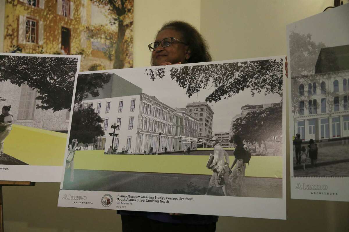 One of several rendering presented as officials with the San Antonio Conservation Society unveil a “compromise plan” for Alamo Plaza that would preserve two of three historic state-owned buildings on the west end of the plaza as part of a new museum during a press conference on Tuesday, May 7, 2019. One of the biggest controversies tied to a public-private project to overhaul the plaza, at a cost of up to $450 million, has been potential partial demolition of the 1921 Woolworth Building, 1923 Palace theater and 1882 Crockett Building. The Woolworth Building once housed one of several lunch counters that peacefully desegregated in 1960, putting San Antonio in a national spotlight during the U.S. civil rights movement and the San Antonio Conservation Society believes that history is as important to the footprint around Alamo Plaza as the historic mission itself. (Kin Man Hui/San Antonio Express-News)