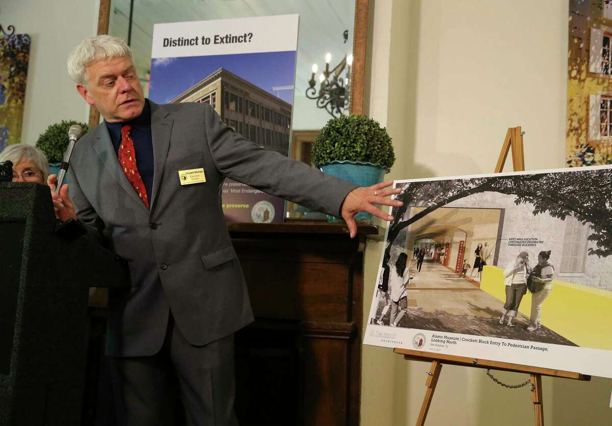 Vincent Michael, executive director of the San Antonio Conservation Society, discusses the renderings of Alamo Plaza as officials with the San Antonio Conservation Society unveil a “compromise plan” that would preserve two of three historic state-owned buildings on the west end of the plaza as part of a new museum during a press conference on Tuesday, May 7, 2019. One of the biggest controversies tied to a public-private project to overhaul the plaza, at a cost of up to $450 million, has been potential partial demolition of the 1921 Woolworth Building, 1923 Palace theater and 1882 Crockett Building. The Woolworth Building once housed one of several lunch counters that peacefully desegregated in 1960, putting San Antonio in a national spotlight during the U.S. civil rights movement and the San Antonio Conservation Society believes that history is as important to the footprint around Alamo Plaza as the historic mission itself. (Kin Man Hui/San Antonio Express-News)