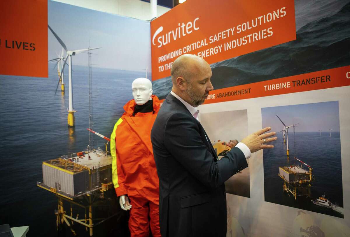 Kevin Lang, with Survitec, talks about how his company's technology works while servicing offshore wind turbines, during the annual Offshore Technology Conference inside Houston's NRG Center, Tuesday, May 7, 2019.