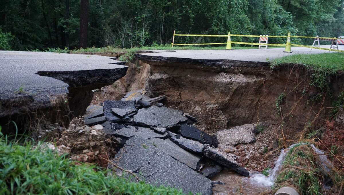 A large part of Hamblen Road east of Redbud in Kingwood was washed away as storms rolled through the area on May 7, 2019.