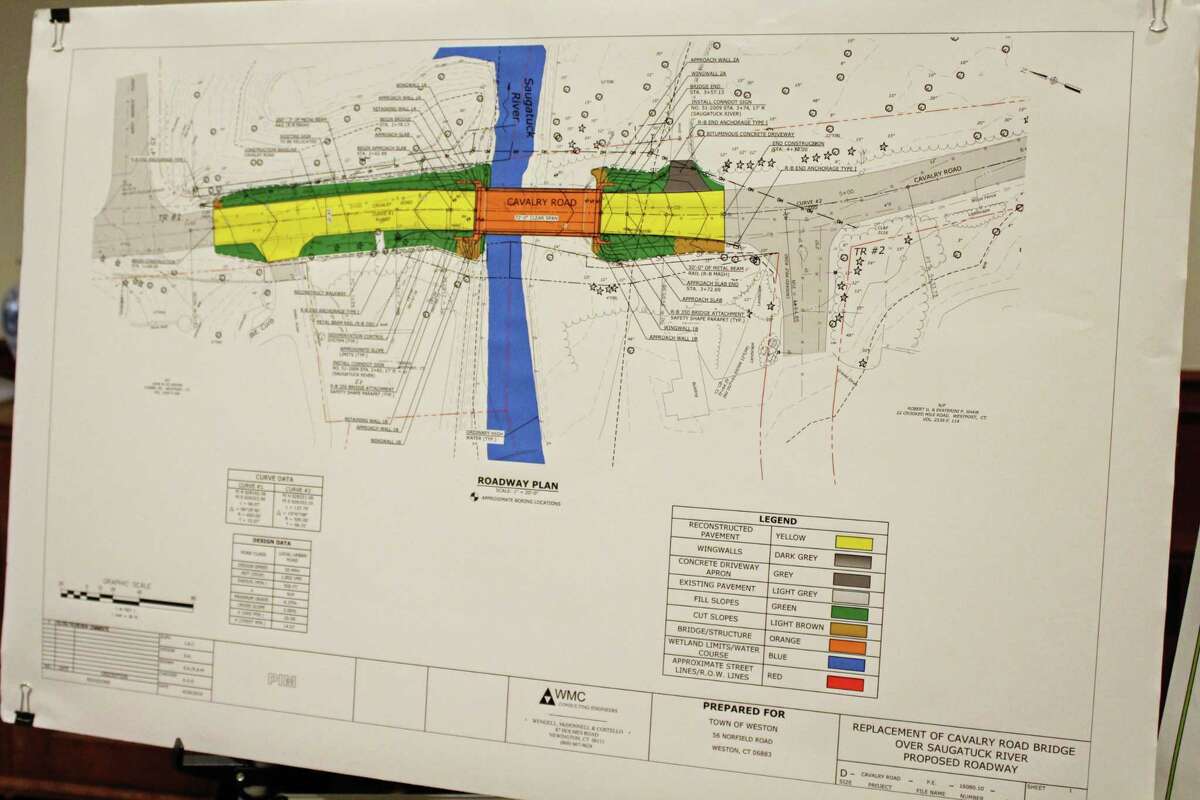A map depicts a proposed roadway during construction of the Cavalry Road Bridge, during a public information meeting at Weston Town Hall on May 7, 2019.