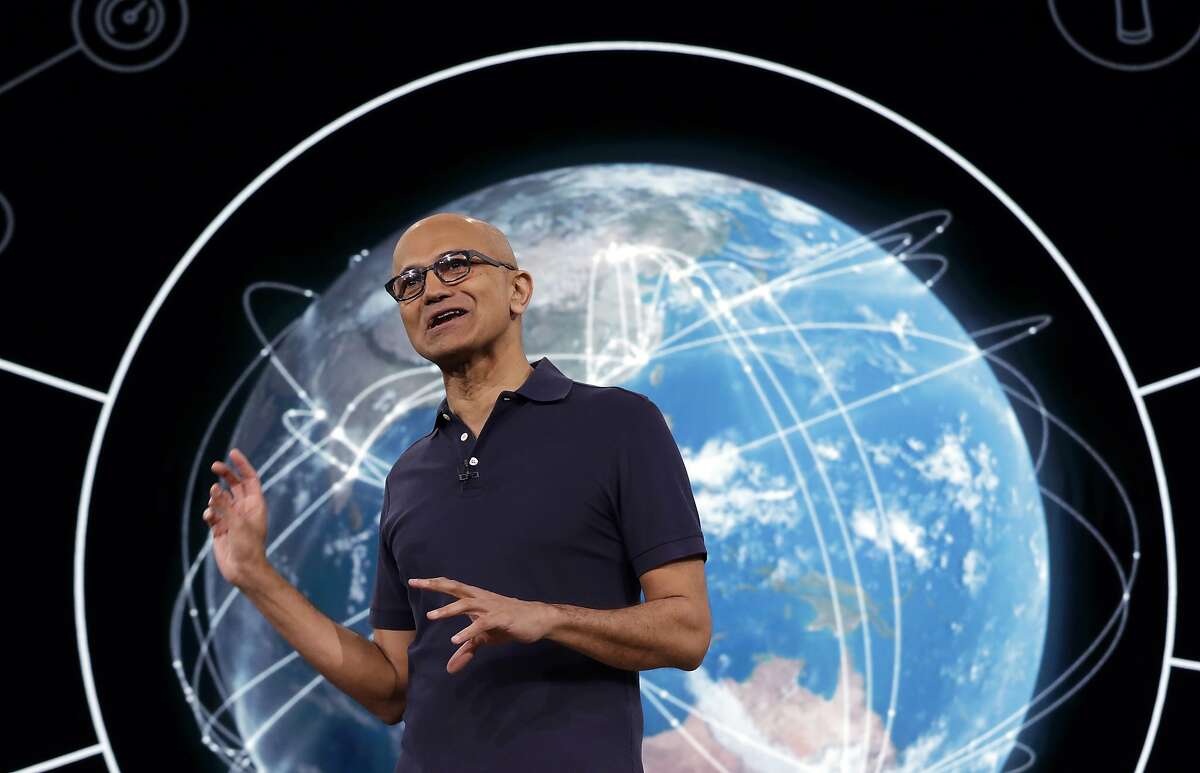 Microsoft CEO Satya Nadella delivers the keynote address at Build, the company's annual conference for software developers, Monday, May 6, 2019, in Seattle. (AP Photo/Elaine Thompson)